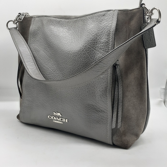 Coach Handbags - COACH Womens Gray Pebbled Leather/Suede Shoulder Bag Zip Tote Large Purse Silver